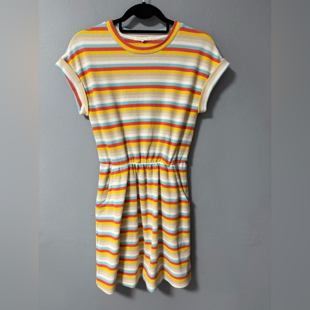 Copper Key Colorful Striped Waffleknit Short Sleeve Mini Dress. Size Small